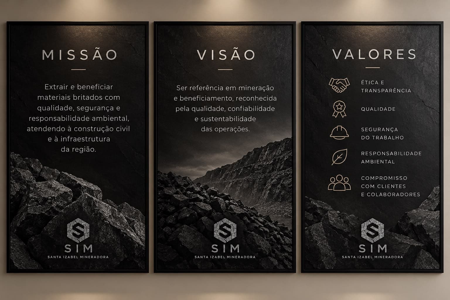 Missão: extrair e beneficiar materiais britados com qualidade, segurança e responsabilidade ambiental. Visão: ser referência em mineração e beneficiamento, reconhecida pela qualidade, confiabilidade e sustentabilidade. Valores: ética e transparência, qualidade, segurança do trabalho, responsabilidade ambiental, compromisso com clientes e colaboradores.